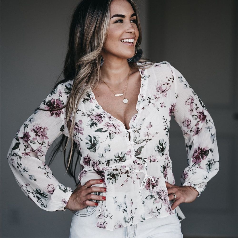 Long sleeve floral blouse top business work cute S M family photos fall